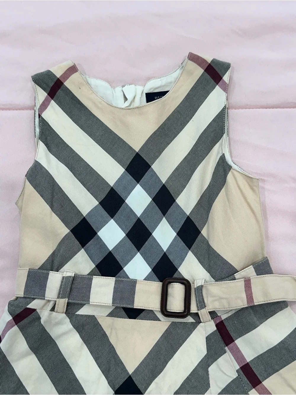 Burberry Beige Plaid Belted Girls' Dress with Black and Burgundy Accents